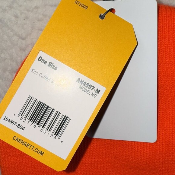 Carhartt Knit Cuffed Beanie Hat One Size Orange Logo AH4597-M NWT - Picture 2 of 3